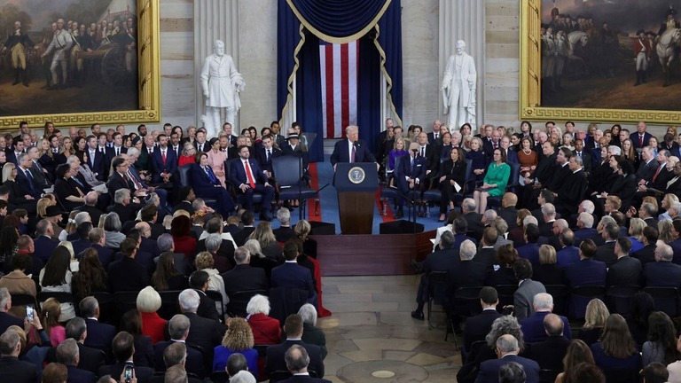 大統領就任式で演説するトランプ大統領＝１月２０日、米首都ワシントン/Fabrizio Bensch/dpa/picture-alliance/AP