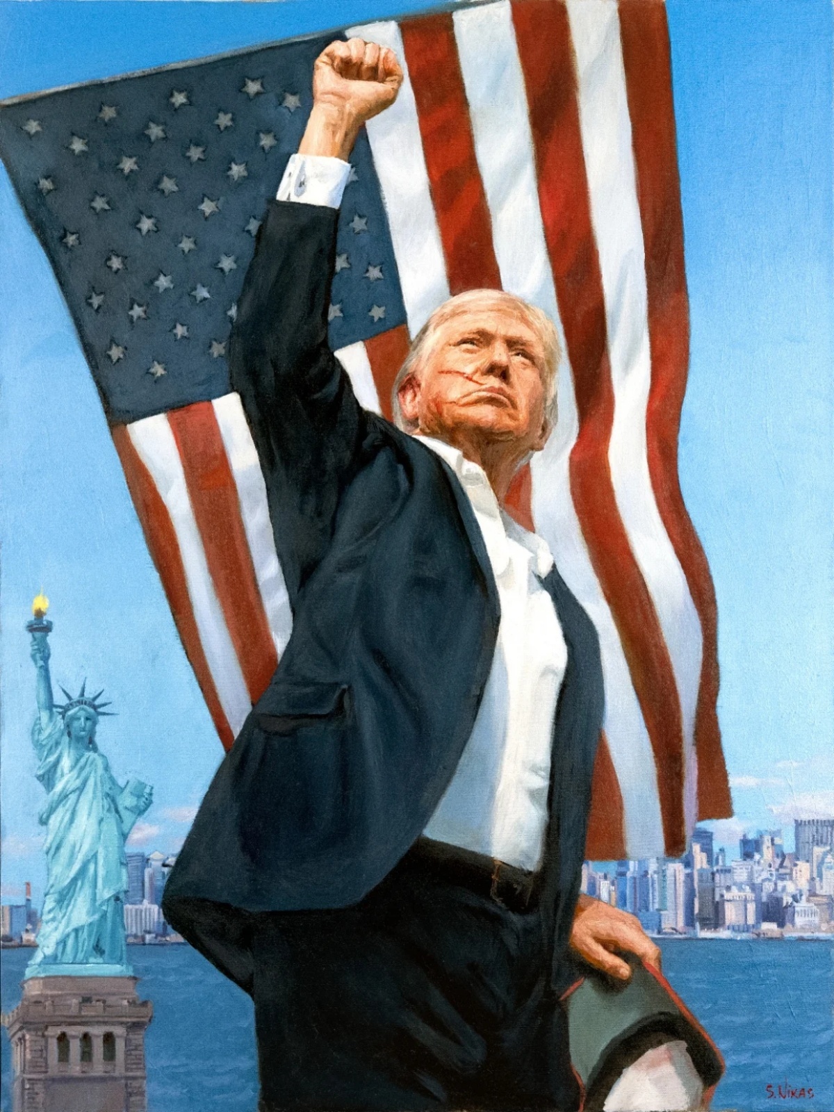 ニカス・サフロノフ氏が描いた、暗殺未遂後に拳を突き上げるトランプ米大統領/Press-service of Nikas Safronov