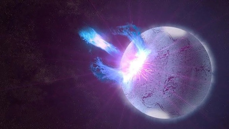 強力な磁場を持つ中性子星の地殻が割け、高エネルギーの放出を引き起こす様子を描いたアーティストの想像図/ S. Wiessinger/NASA Goddard Space Flight Center