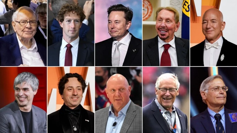 左から時計回りにウォーレン・バフェット氏、マーク・ザッカーバーグ氏、イーロン・マスク氏、ラリー・エリソン氏、ジェフ・ベゾス氏、ジム・ウォルトン氏、ロブ・ウォルトン氏、スティーブ・バルマー氏、セルゲイ・ブリン氏、ラリー・ペイジ氏/Getty Images/Reuters/USA Today Sports