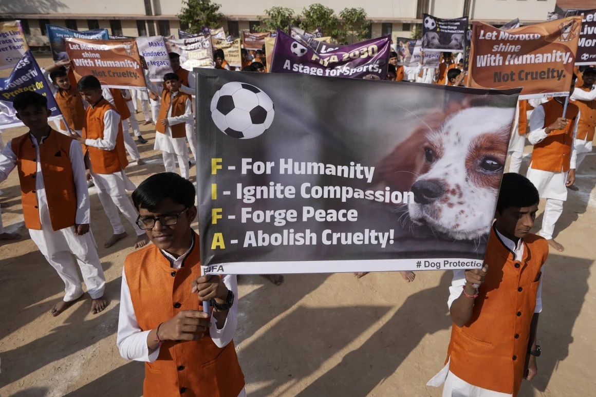 モロッコの大規模な野犬殺処分に抗議するインドの学生ら=1月23日、アーメダバード/Ajit Solanki/AP
