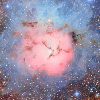三裂星雲は、散開星団、自ら発光するガス雲と塵の放射星雲（ピンク色の領域）、近くの星の光を反射する反射星雲（青色の領域）、背後の物体からの光を遮るほど密度の高い暗黒星雲（暗黒領域）が組み合わさった珍しい星雲