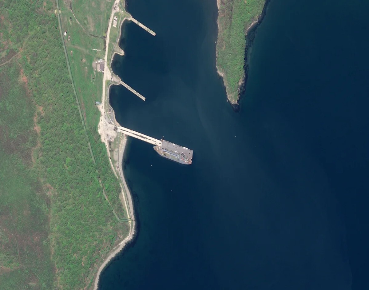 人工衛星画像に写るロシアのドゥナイ港に停泊中の艦船=5月18日撮影/Open Source Centre/Airbus