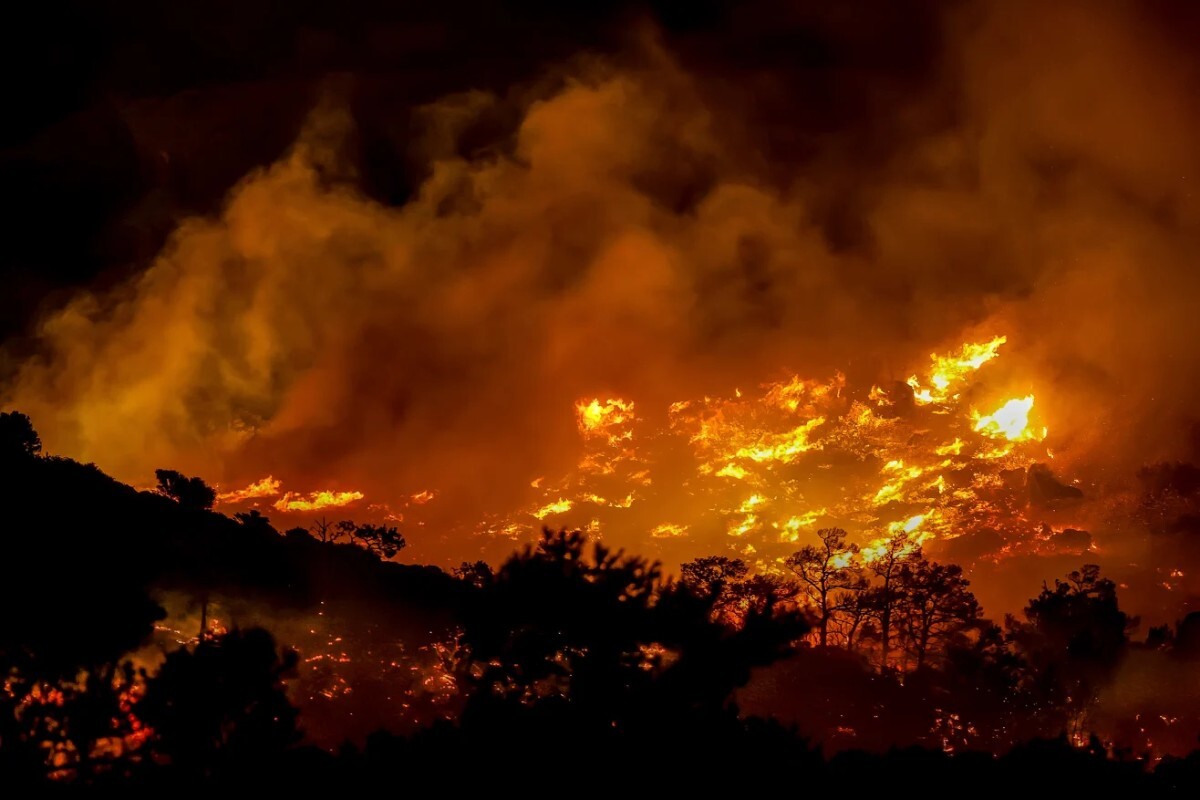 港町のイエラペトラ付近で燃え広がる山火事/InTime News/AP