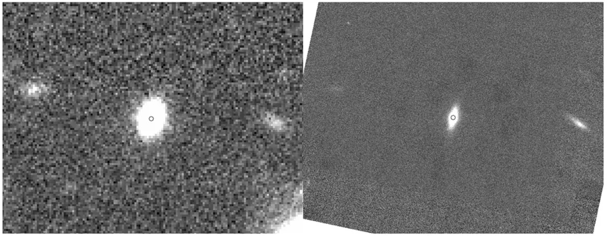 VLTサーベイ望遠鏡(左)と大型双眼望遠鏡が観測した「KiDS J0842+0059」/C. Tortora/INSPIRE/VST/ESO/LBT