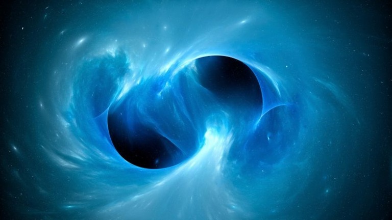 ブラックホールが合体するイメージ図/Sakkmesterke/Science Photo Library RF/Getty Images