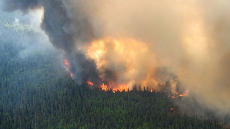 カナダ・ケベック州で発生した山火事＝２０２３年６月１２日/Cpl Marc-Andre Leclerc/Canadian Forces via Reuters