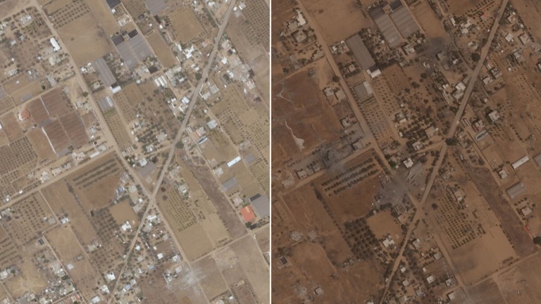 ５月６日に衛星画像（左）と７日の画像(右)にはガザ地区ラファでの被害が写っている/Planet Labs, PBC